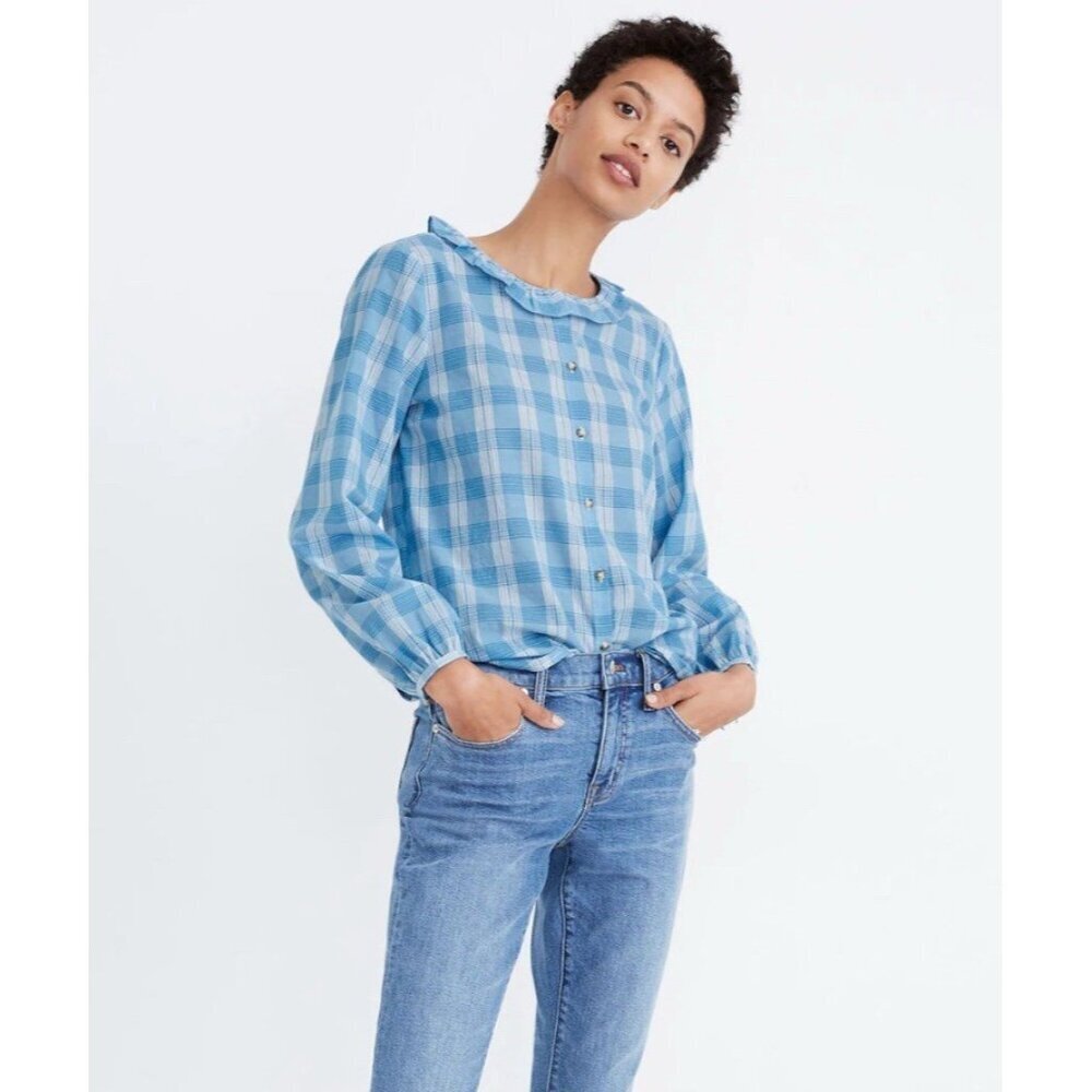 Madewell Ruffle-Neck Top Plaid long Sleeve XXS Peasant‎ Cottage Boho Casual
